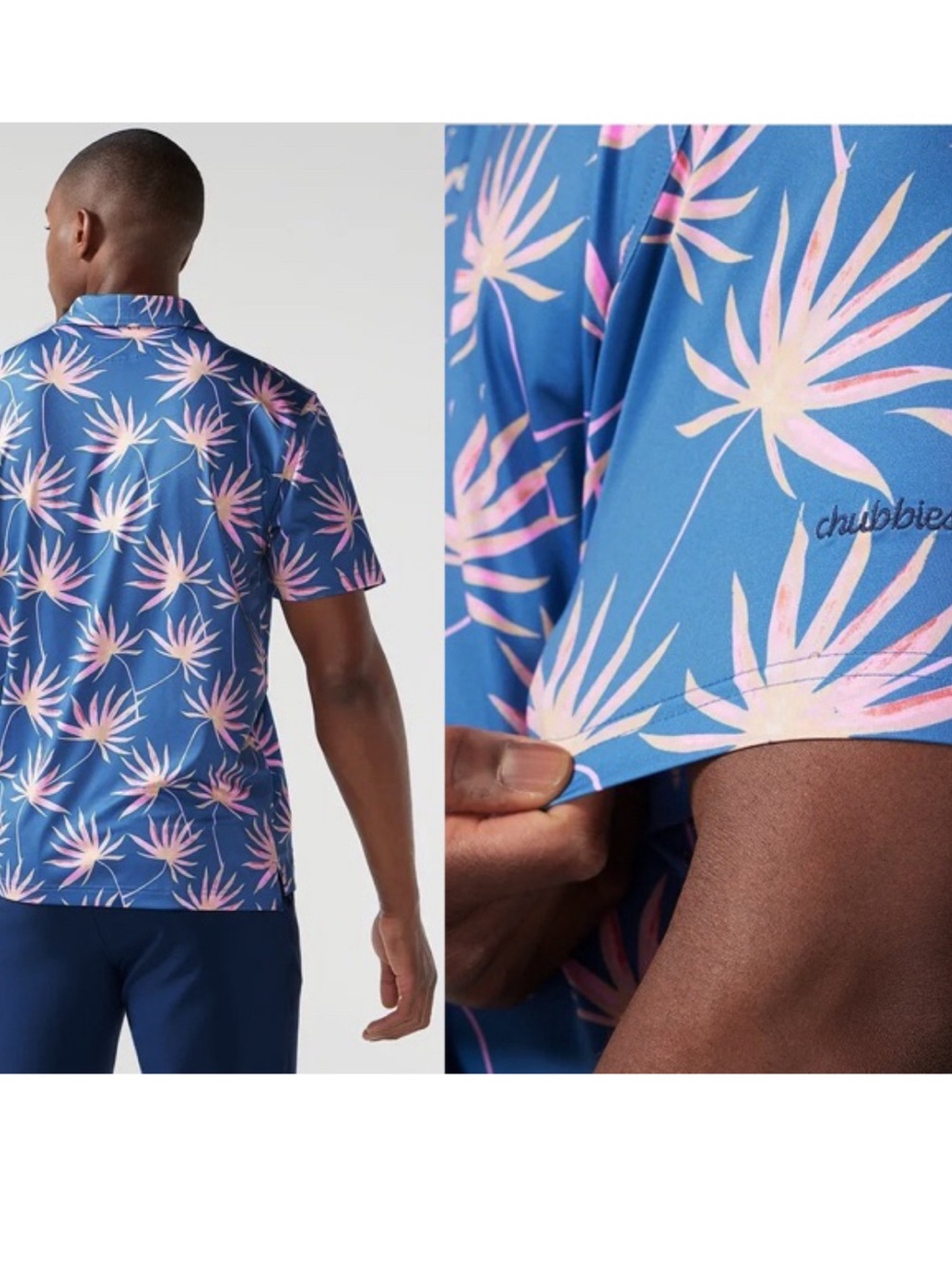 Men’s Chubbies Birds of Paradise blue, pink tropical golf polo, S